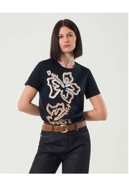 T-shirt blu dalla linea morbida in jersey di cotone con maxi fiori ricamati a contrasto di colore