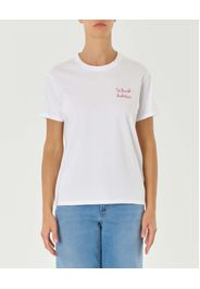 T-shirt bianca in puro cotone con scritta rossa 'St.Barth Habituè' ricamata sul petto