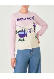 Maglia rosa in lana e cashmere con paesaggio montano jacquard e scritta viola Mont Rosè