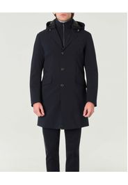 Cappotto monopetto blu in tessuto tecnico con cappuccio e pettorina rimovibili