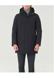 Parka nero in tessuto tecnico con cappuccio e chiusura nascosta