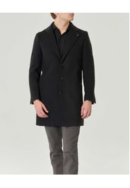 Cappotto nero in panno di viscosa stretch con chiusura a tre bottoni