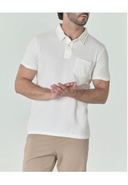 Polo color avorio a mezza manica in misto lino e pima cotton con taschino sul petto