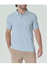 Polo azzurra mezza manica in misto lino e pima cotton con taschino sul petto