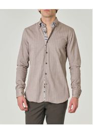 Camicia beige in flanella di cotone stretch a motivo spinato con colletto botton-down