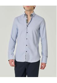 Camicia azzurra in flanella di cotone stretch a motivo spinato con colletto botton-down