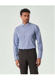 Camicia Pellizzari azzurra con stampa micro rombetto marrone in tessuto tecnico stretch