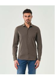 Camicia Pellizzari marrone in tessuto tecnico hyper comfort simil pin point con collo alla francese