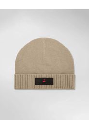 Berretto Peuterey beige in misto lana e cachemire con risvolto e patch porta logo
