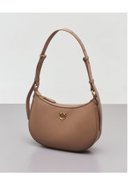 Mini Love Bag Half Moon in pelle liscia color cammello con logo Love Birds dorato in metallo frontale