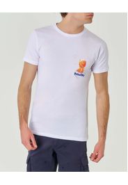 T-shirt bianca girocollo in puro cotone con stampa Spritz e logo blu royal ricamato sul petto