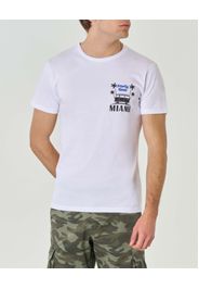 T-shirt bianca girocollo in puro cotone con stampa Miami e logo blu royal ricamato sul petto