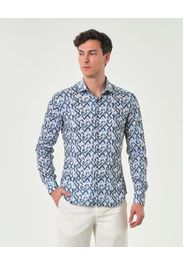 Camicia bianca in tessuto tecnico stretch a fantasia etnica beige e indaco