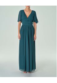 Abito lungo color petrolio in georgette con scollo a V e maniche corte ampie ad aletta