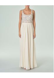 Abito lungo color avorio con corpetto smanicato con ricami floreali multicolore e paillettes