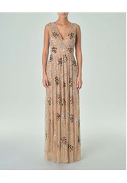 Abito lungo beige in tulle senza maniche con ricami a motivo foliage in paillettes verdi e argento