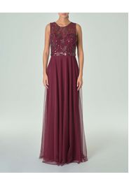 Abito lungo bordeaux in tulle senza maniche con busto ricamato in perline tono su tono