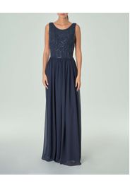 Abito lungo blu navy in creponne con corpetto smanicato ricamato in perline tono su tono