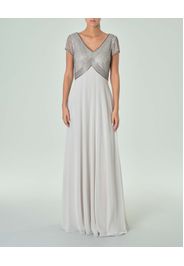 Abito lungo grigio perla stile impero in tulle con ricami in perline silver sul busto