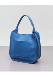 Hobo bag blu China in pelle martellata con impunture a contrasto e tracolla removibile