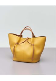 Borsa a mano gialla in pelle martellata con manici a contrasto e pochette color cuoio