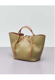 Borsa a mano verde oliva in pelle martellata con manici a contrasto e pochette color cuoio