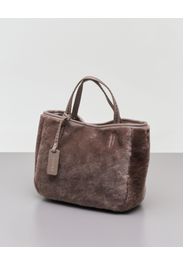 Shopping bag color taupe in montone con manici in pelle con impunture