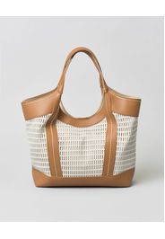 Borsa a spalla in pelle traforata color panna con inserti e manico color cuoio