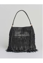 Borsa a spalla nera Visonà in pelle a frange applicate all over con doppio manico intrecciati