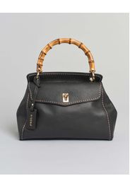 Borsa a mano nera Visonà in pelle martellata con manico in bambù e impunture a contrasto di colore