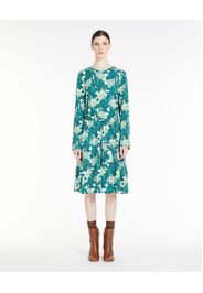 Abito midi a tunica in jersey di misto viscosa stretch a fantasia ramage bianco e verde con cintura in vita