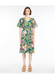 Abito midi verde e rosa in jersey a fantasia floreale con scollo a V maniche corte a kimono e cintura in vita