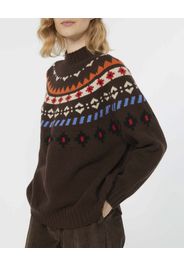 Maglia marrone in pura lana Weekend Max Mara con collo in piedi a coste e motivo jacquard multcolore sulle spalle