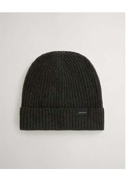 Berretto Woolrich verde scuro a coste in lana merino con risvolto e logo