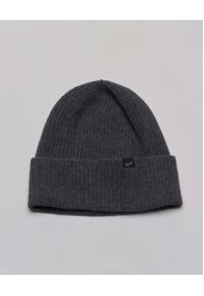 Berretto Woolrich color antracite a coste in lana merino con risvolto e logo