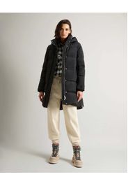 Piumino nero midi modello Alsea con coulisse in vita, cappuccio e spacchi laterali con zip