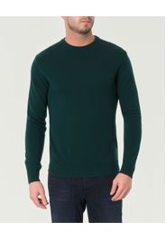 Maglia girocollo Woolrich verde scuro in lambswool di pura lana con logo ricamato sul polso