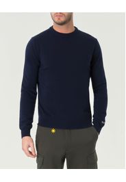 Maglia girocollo Woolrich blu navy in lambswool di pura lana con logo ricamato sul polso
