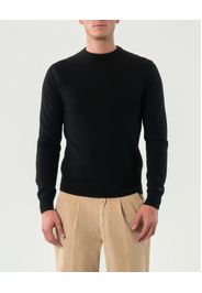 Maglia girocollo Woolrich nera in lambswool di pura lana con logo ricamato sul polso