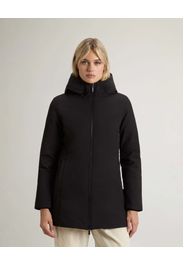 Firth Parka Woolrich nero midi in Tech Softshell imbottito in piuma naturale con cappuccio