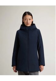 Firth Parka Woolrich blu midi in Tech Softshell imbottito in piuma naturale con cappuccio