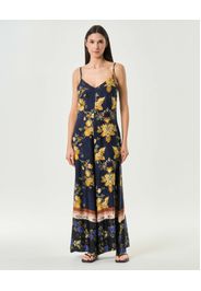 Tuta lunga Wu'Side blu in raso di viscosa con scollo a V e motivo floreale