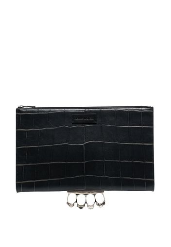 Black Four Ring Mock Croc Leather Envelope Clutch Bag