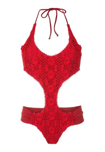 Amir Slama floral-lace detail halterneck swimsuit - Red