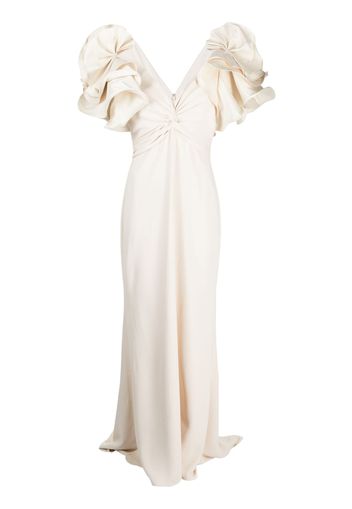 Badgley Mischka ruffle-sleeve long dress - Neutrals