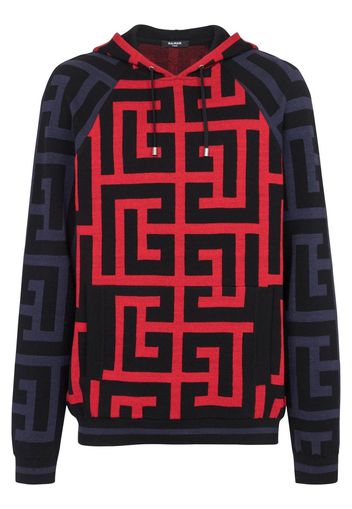 Balmain monogram-print drawstring hoodie - Blue