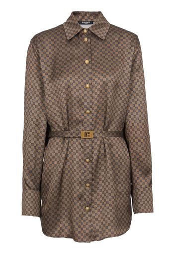 Balmain mini monogram-print silk shirt - Brown