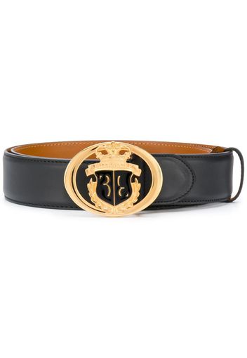 crest buckle leather belt