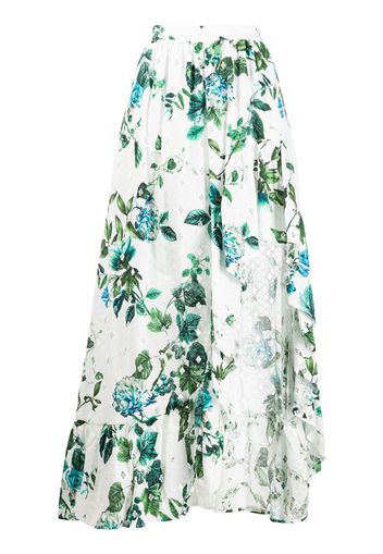 asymmetric ruffled floral print skirt
