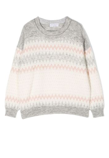 Brunello Cucinelli Kids zig-zag intarsia-knit jumper - White